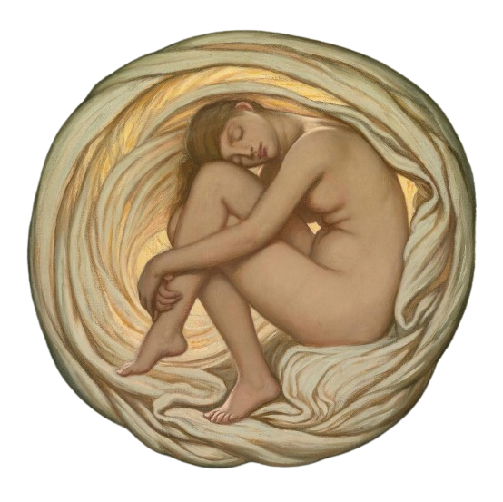 A nude person curled up in a swath of fabric. Their eyes are closed.